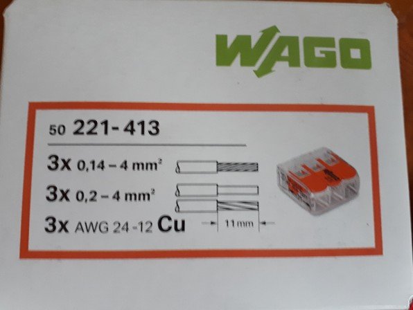 WAGO förpackning med diagram som visar olika typer av elektriska ledare och kopplingsklämma.