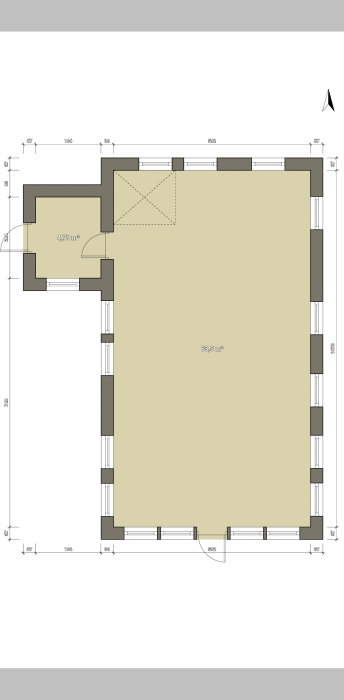 Arkitektritning av en 1,5-plansvilla med måttangivelser och markerade fönster samt trappuppgång.