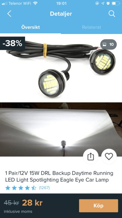 Par av Eagle Eye LED-billyktor för dagtid och backljus, 12V 15W, med kabel.