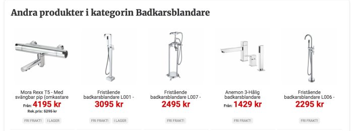 Fyra olika modeller av badkarsblandare med priser och varumärkesnamn, perfekt för inspiration till badrumsrenovering.