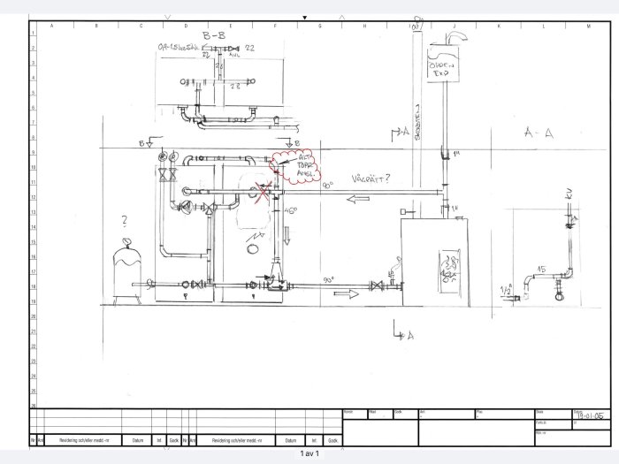 Teknisk ritning över värmesystem med Strömsnästankar och Alpha kombipanna.