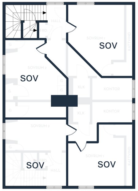 Ritning av en våningsplan med olika rum betecknade, inkluderande sovrum och kontor, utan specifika mått.