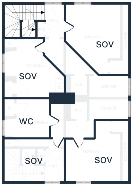 Ritning av husplan som visar layout med flera sovrum, kontor, WC och hallar.