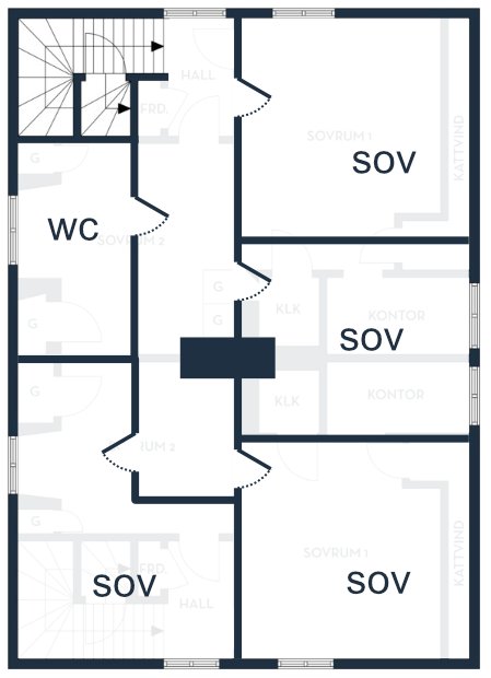 Ritning över en våningsplanslayout med smal korridor nära murstock och flera markerade sovrum.