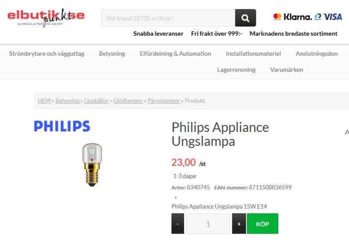 Skärmdump av en webbutik med felstavad produkt "Philips Appliance Ungslampa" istället för ugnslampa.