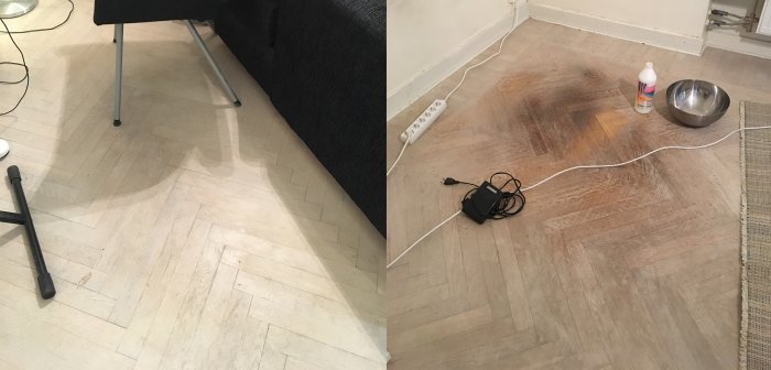 Vitpigmenterat fiskbensparkett med slitage och förslitningar, städprodukter på golvet.