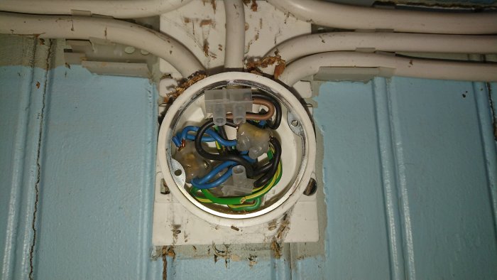 Öppen eldosa med trådar kopplade till en överbelastad anslutningsklämma, omgiven av rör på en blå vägg.