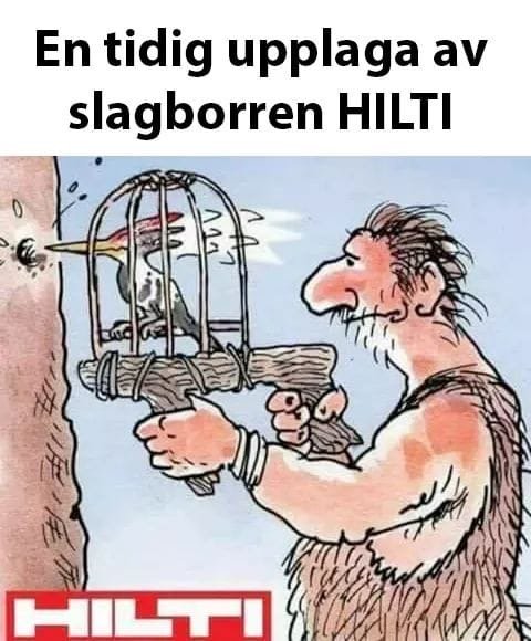 Illustration av en grottmänniska som använder en träborr med en fågel i bur för att göra hål i en vägg.