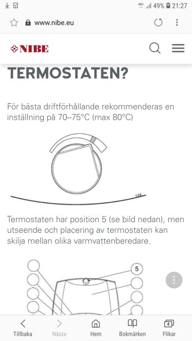 Skiss av termostat med rekommenderad inställning och position 5 markerad.