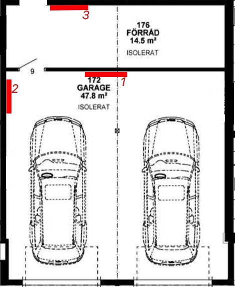 Ritning av garage och förråd med markeringar för tre potentiella placeringar av luft-luftvärmepump.