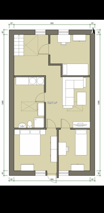 Planlösningsförslag för ett hus med möblerade rum, angivna mått och beteckningar på bottenplan.