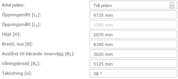 Skärmdump av ett kalkylverktyg för byggprojekt med fält för öppningsmått, husets mått och taklutning.