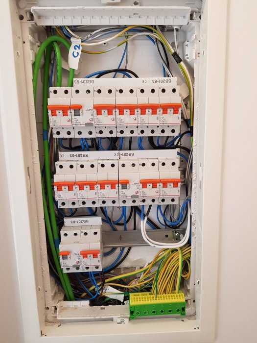 Elskåp med tvåpoliga automatsäkringar, jordfelsbrytare och tydligt märkta kablar i ett hus i Spanien.