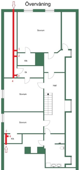 Skiss över ovanvåningen i ett hus med ventilationssystem markerat med röda linjer och numrerade ventiler.