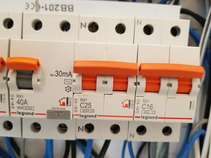Elpanel med Legrand säkerhetsbrytare och jordfelsbrytare i ett elektriskt skåp.