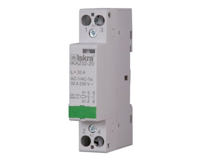 Iskra IKA232-20 kontaktor för 32A 230V med klemmor och schema.