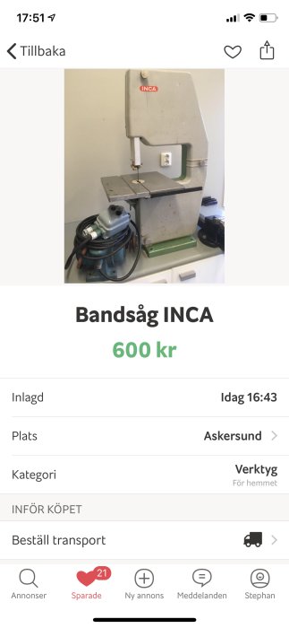 Begagnad INCA bandsåg med märkning och elkabel upprullad, till salu för 600 kr.