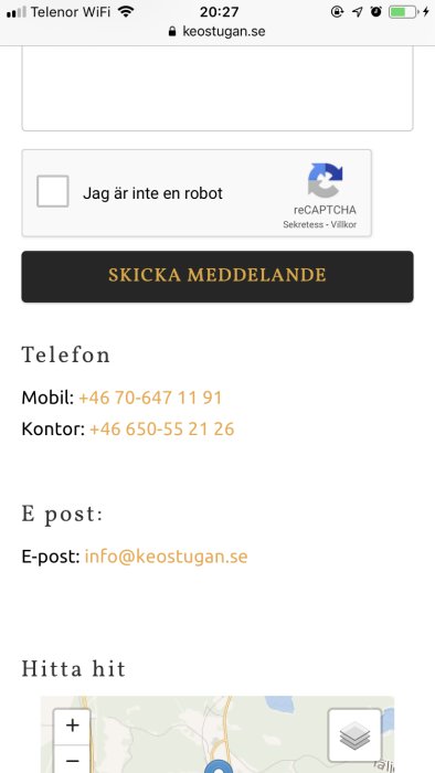 Skärmdump av kontaktsektion på en hemsida med reCAPTCHA-verifiering, kontaktuppgifter och en karta.