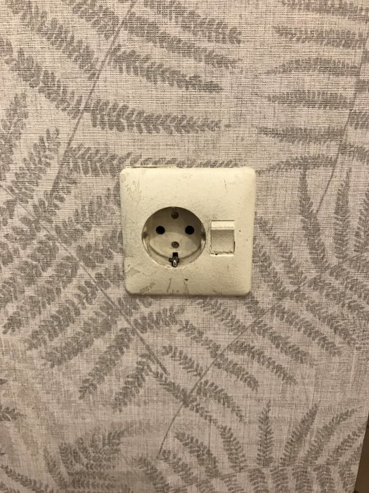 Vägguttag med integrerad strömbrytare på en tapetserad vägg med lövmönster.