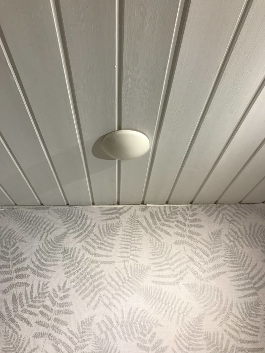 Vit strömbrytare på vitmålat tak med träpanel över tapetserad vägg med lövmönster.