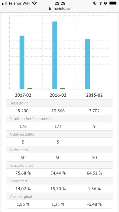 Stolpdiagram som visar företagets omsättning och resultat över tre år, med detaljerat finansiellt resultat nedan.
