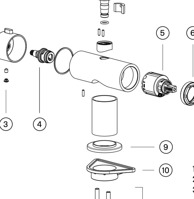 Explosionsritning som visar delar av en blandare med numrerade komponenter, fokus på täckbricka nummer 9.