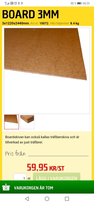 Brun boardskiva 3mm, även känd som träfiberskiva, visas i närbild.