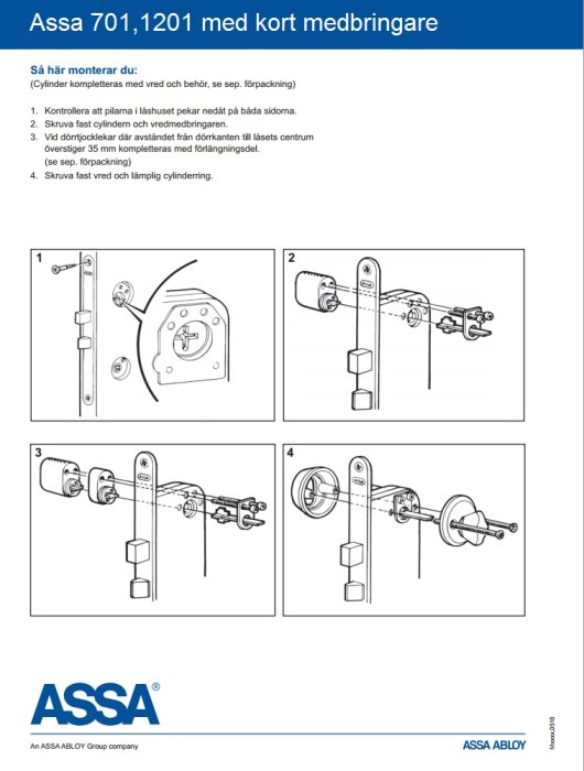 Illustration som visar steg-för-steg instruktioner för montering av Assa 701,1201 lås med kort medbringare.