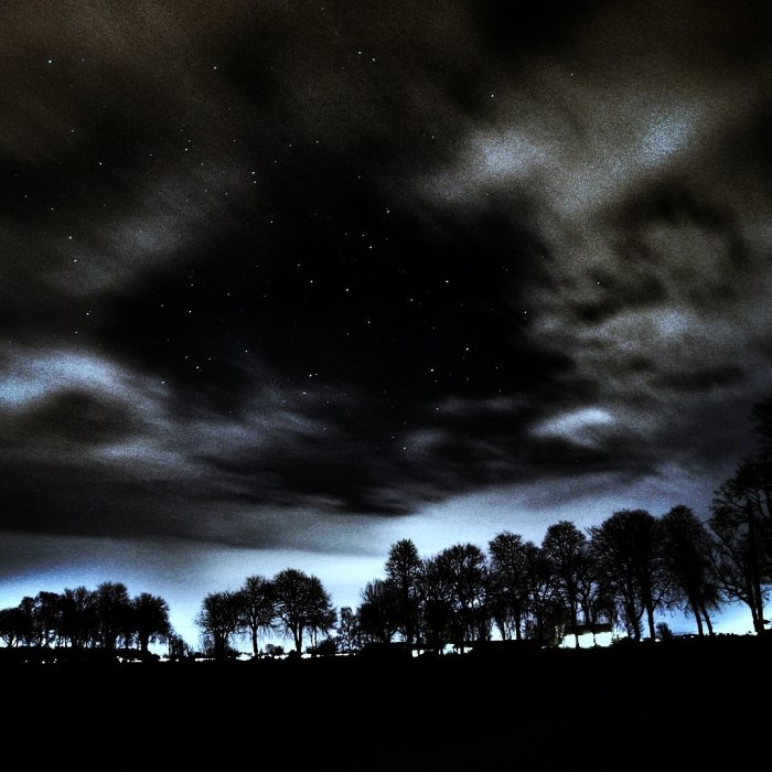 Nattlig himmel med stjärnor ovanför silhuetten av träd och moln.