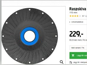 Raspskiva för vinkelslip, 115 mm, på produktbild med pris och specifikationer.