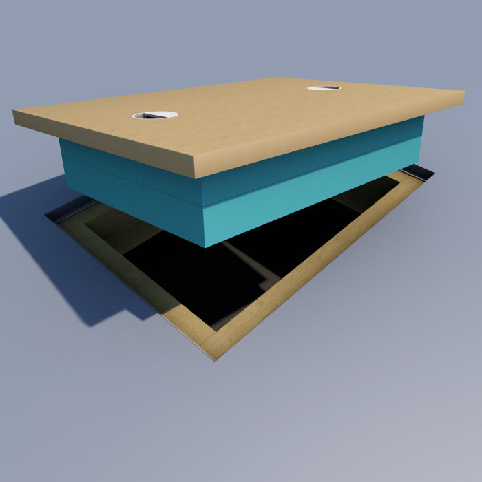 3D-modell av en isolerad lucka med spånskiva och cellplast inpassad i ett golv.
