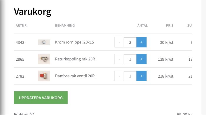 Skärmbild av en digital varukorg med vvs-artiklar inklusive krom rörnippel, rak returkoppling och rak ventil.
