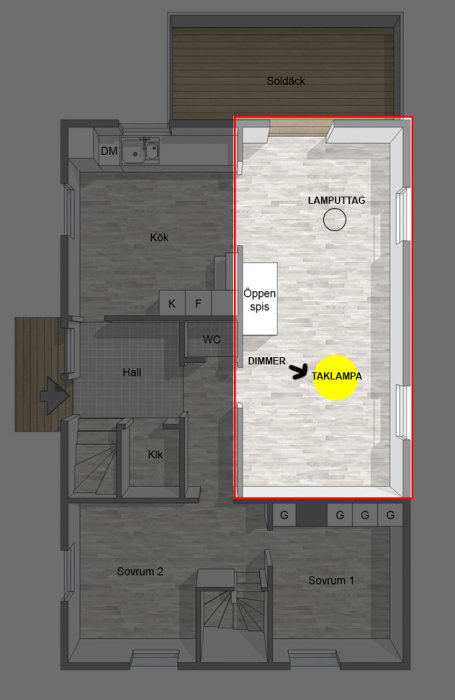 Skiss av bostadsplan med markerad dimmer och taklampa i rum, samt textförklaringar.