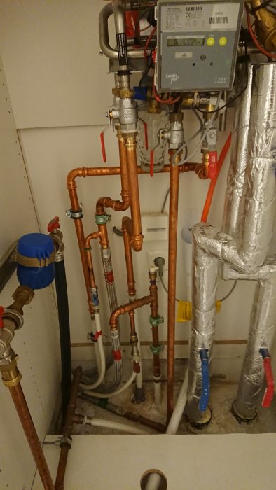 Komplicerad rörinstallation för fjärrvärme med många kopplingar, mätare och ventiler i ett teknikrum.