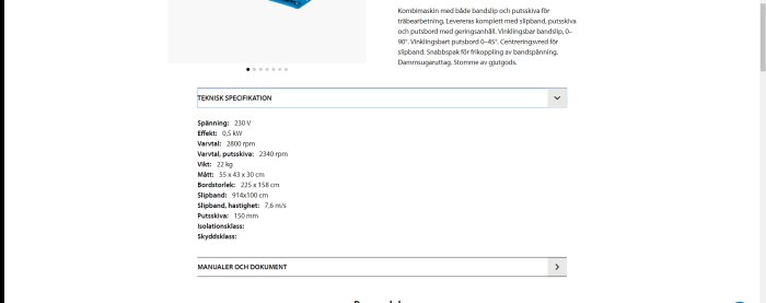 Teknisk specifikation för kombinerad bandslip och putsskiva maskin för träbearbetning.