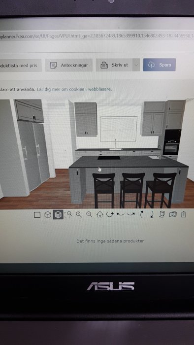 3D-modell av kökslayout med ö-skåp och barstolar på en datorskärm.