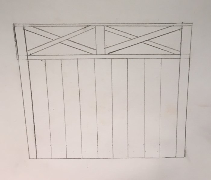 Ritning av en sänggavel med pärlspont nedtill och kryssdesign upptill.