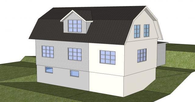 Digitalt 3D-billede af et 1,5-planshus med en planlagt udvidelse. Huset har tegltag, pudset facade og to etager. Vises set fra siden.