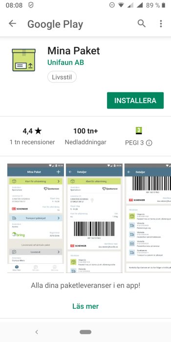 Skärmdump av 'Mina Paket' app på Google Play med betyg och nedladdningsantal.