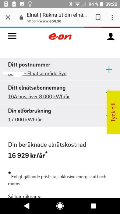 Skärmdump visar beräknad årlig elnätskostnad på 16 929 kr från eon.se med energiförbrukning uppgifter.