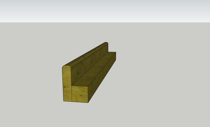 Solid håndløper med smal regel til veggfeste i tre, illustrert som en enkel, tredimensjonal modell med rette linjer og avrundede kanter.