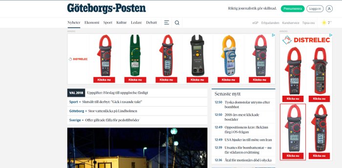 Skärmdump av en webbsida med annonser för olika modeller av multimeterinstrument.