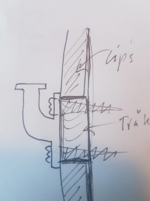 Lineær skisse av montering av en gipspanel ved siden av en trestruktur, med visuelle markeringer og notater på tegningen.