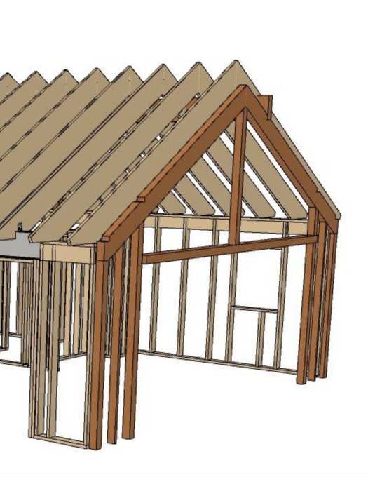 3D-modell av en trästomme till byggnad med takstolar, väggsida och utrymme för skjutdörr och fönster.