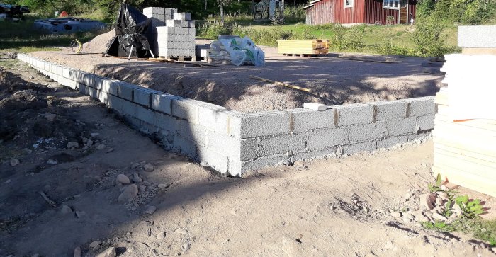 Nylagd grundmur för en verkstad med betongblock och grusplatta, material på plats.