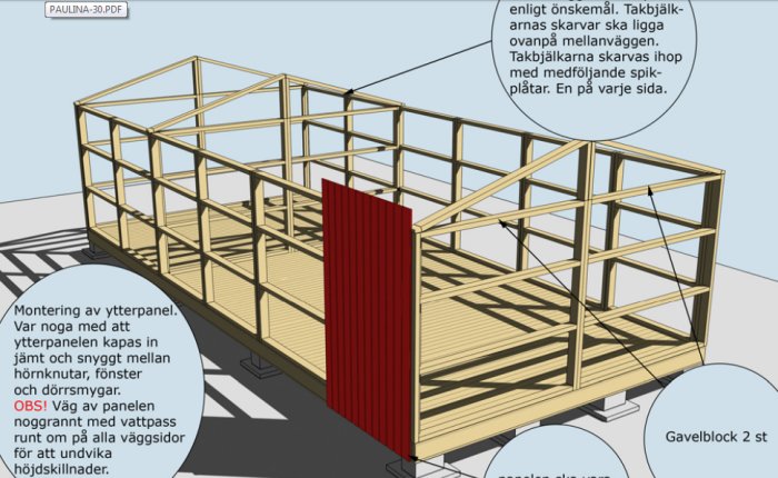3D-ritning av en trästomme till en stuga med instruktioner för montering av ytterpanel.