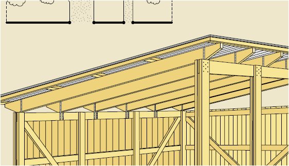 Illustration av stommen till en carport enligt byggbeskrivning med dimensionerna 45x225 och takvinkel på 9 grader.