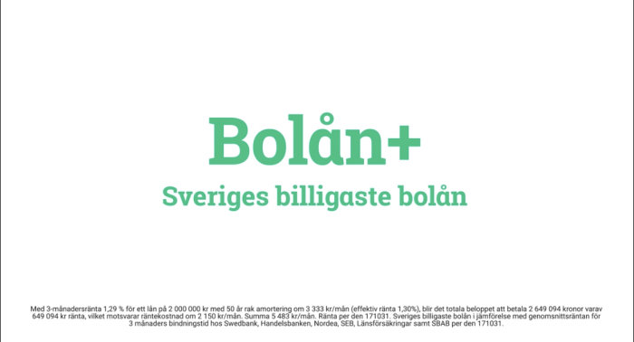 Reklambild för Bolån+ med texten "Sveriges billigaste bolån" och ränteförklaring i liten text.