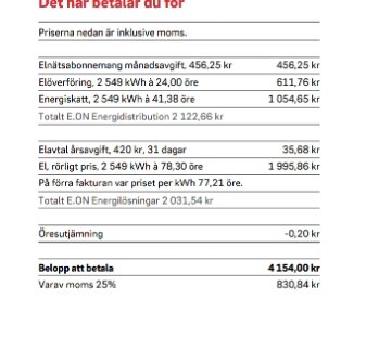 Skärmdump av en elräkning som visar olika kostnadsposter inklusive elnätsavgift, energiskatt, och totalt belopp att betala.