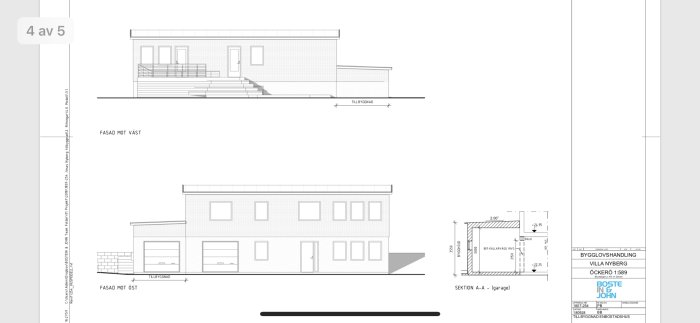 Arkitektritningar som visar fasad och sektion A-A för en tillbyggnad av ett garage till ett tegelhus.